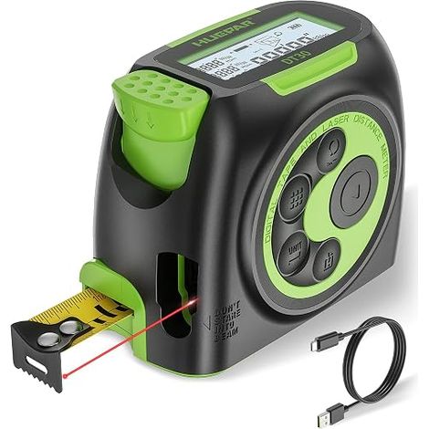 Cinta métrica láser Huepar 2 en 1, recargable de 60 m y cinta métrica de 4,8 m con pantalla LCD retroiluminada y gancho móvil. Medidor de distancia digital con interruptor de unidades de Pitágoras, ár (1/5)