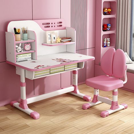 Ensemble bureau et chaise pour enfants avec hauteur réglable Table d'étude, tiroirs et rangement, tables et chaises d'apprentissage pour enfants - 180 Château rose