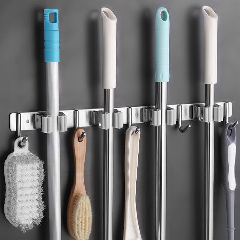 Wall-mounted broom holder with 4 slots and 5 hooks, stainless steel, adhesive, for kitchen, bathroom and garden, gray. (1/5)