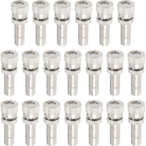 Packung mit 20 6-mm-Schnellanschluss-Zerstäuberdüsen mit 0,6-mm-Bohrung, geeignet für Gärten, Gewächshäuser und Kühlsysteme.
