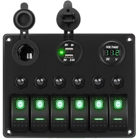 Panneau d'interrupteurs à bascule rétroéclairé vert 12 V/24 V LED, voltmètre numérique, double chargeur USB, prise allume-cigare, protection contre les surcharges, pour voiture, camping-car, bateau-Ka (1/5)