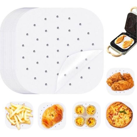 100 Feuilles Papier pour Friteuse à Air,Papier Sulfurisé Air Fryer,Perforé Papier Cuisson Air Fryer,Carré Papier à Vapeur, (1/4)