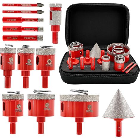 Foret Diamant Carrelage Kit - Scie Cloche Diamantée pour Carrelage Céramique Porcelaine 13 pièces (6/8/10/25/28/32/35/45/65mm+50mm Mèches Chanfrein Biseautées+20mm Fraise+6/6mm Foret Carbure) (1/5)