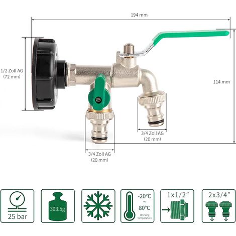Robinet de jardin extérieur (entrée d'eau DN15 de 9 pouces), antigel, double commande en cuivre, pour lave-linge et évier de jardin 1/2 pouce (1/4)