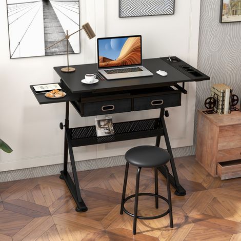 Table à dessin inclinable, Tabouret 2 Tiroirs, Hauteur Réglable Multifonctionnel, en MDF métal PVC 115x60x65/90.5cm Noir Maison Chic (1/5)