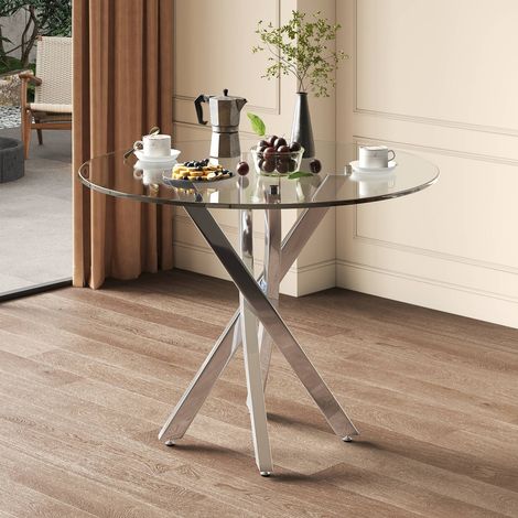 Table à manger ronde 80 x 80 x 75 cm avec plateau en verre trempé, pieds métallisés argent, design moderne pour cuisine et salon (1/5)