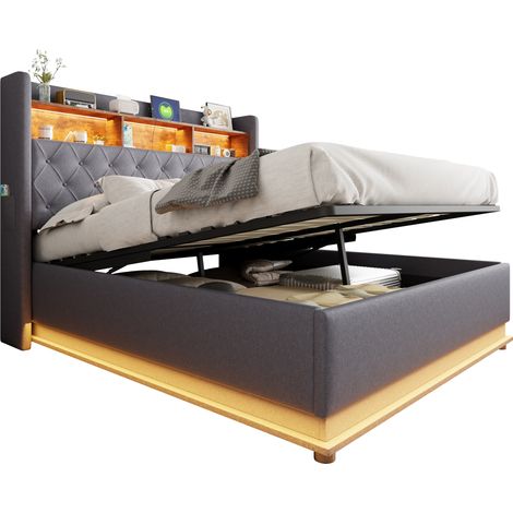 Lit coffre LED 160 x 200 cm en tissu gris avec USB, rangement hydraulique, structure métal et sommier à lattes, chambre moderne et pratique - CHICFURN (1/5)
