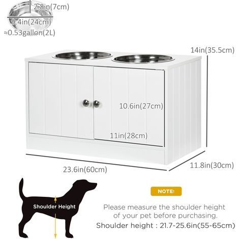 Grand ensemble de gamelles surélevées pour chien avec support, station d'alimentation pour animaux de compagnie, 2 gamelles en acier inoxydable pour nourriture et eau, espace de rangement blanc, 60 x (1/5)