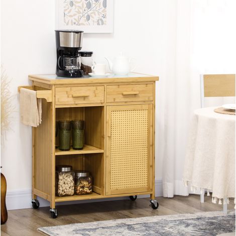 Desserte de cuisine 84x36x85 cm coloris bois naturel en bambou avec roulettes, tiroirs, placard et étagères (1/3)