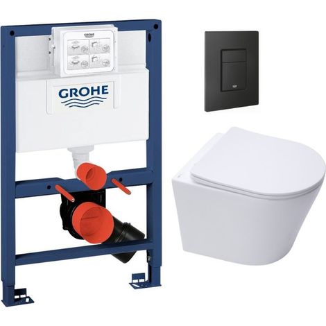 Grohe Rapid SL WC-Rahmenpaket + Swiss Aqua Technologies Infinitio Toilette ohne Rand + Mattschwarze Platte (RapidSL082-Infinitio-KF0)