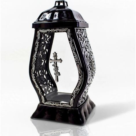 Vela funeraria con cruz de plata y adornos. Elegante farol de recuerdo. (1/5)