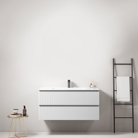 Mobile bagno sospeso cannettato 100 cm Bianco Lavabo in Ceramica Senza Specchio - Fiji Paint (1/3)