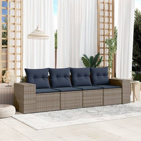 Ensemble canapé de jardin 4 pcs en résine tressée gris avec coussins bleu marine - PANGIVO (1/5)