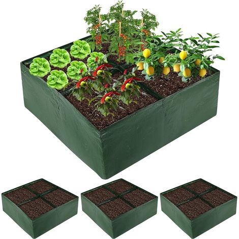 Lot de 3 bacs de jardin surélevés en plastique, sacs de culture carrés à 4 compartiments en PE pour légumes (1/5)
