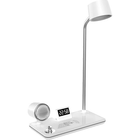 Lampe de bureau LED (blanche) multifonctionnelle avec chargeur sans fil, horloge, haut-parleur Bluetooth et veilleuse, interface USB (1/5)