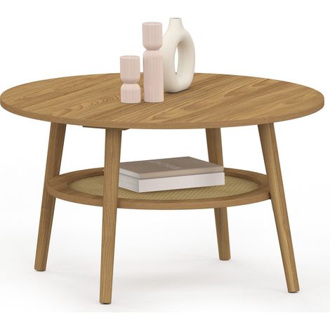 Idmarket – Table basse ronde 70 cm – Plateau effet cannage bois clair – Dimensions 70 cm x 40,5 cm – Design bohème chic pour salon