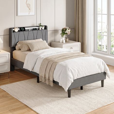 Letto singolo 90x200 cm con rete a doghe - letto imbottito in lino moderno con testiera contenitore usb tipo-c e led rgb per adulti adolescenti - grigio (1/5)