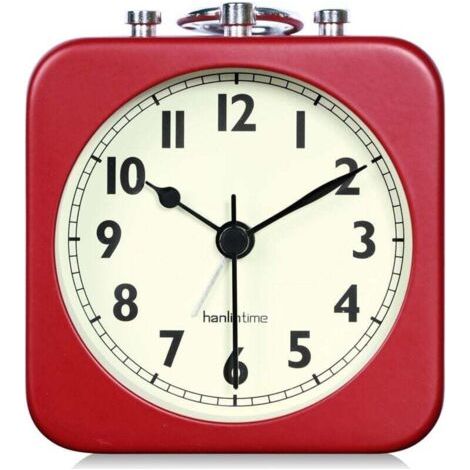 QORVA-Réveil analogique carré rouge silencieux, petit réveil de voyage en métal pour chambre d'enfant, table de chevet, salon ou bureau. (1/4)