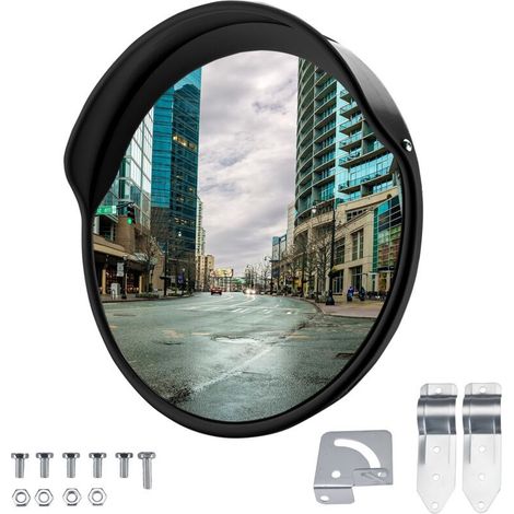 Wiltec Miroir routier 45 cm convexe avec capot de protection noir rond, avec champ de vision de 130°, pour sorties, matériel de montage inclus (1/5)