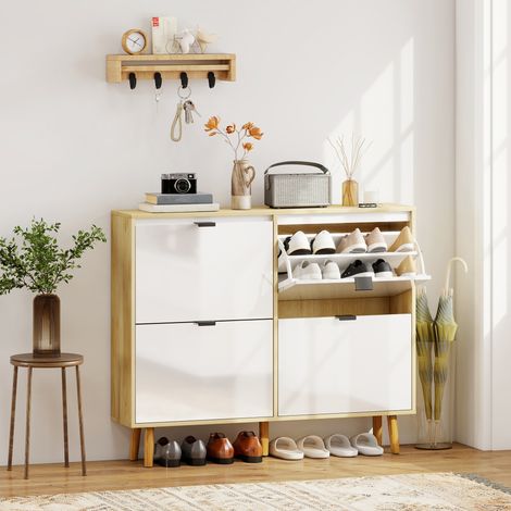 Meuble à chaussures étroit à 4 portes, blanc brillant, étagères réglables, pieds en bois, pour 20 paires de chaussures