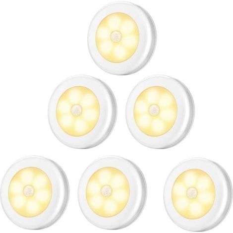 Lampe de Placard/Armoire LED,6pcs Lampes Armoire Veilleuse,Eclairage LED Détecteur de Mouvement avec Base Magnétique,pour Escalier Cuisine Vitrines Cabinet (Alimenté par Batterie) blanc Lumière chaude