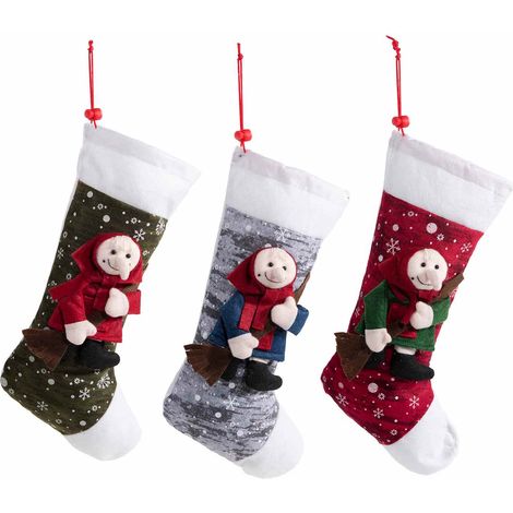 Calze delle Befana in panno da appendere con decori in rilievo e chiusura a coulisse, set da 6 pezzi, cm 18,5 x 37 H