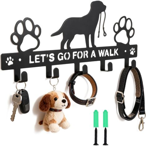 Appendiabiti da parete per cani con 5 ganci e cartello "ANDIAMO A PASSEGGIARE", porta chiavi e guinzaglio in metallo nero, porta accessori da parete per cani, per ingresso, soggiorno, cucina, bagno