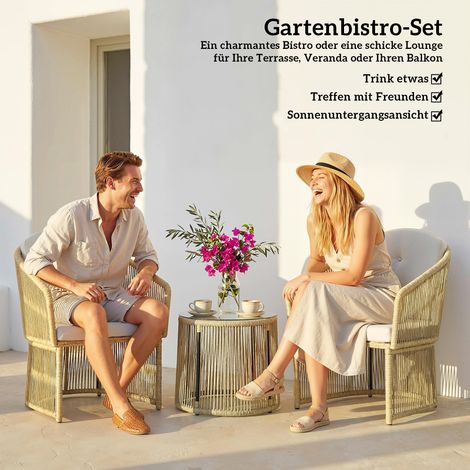 Ensemble bistro en rotin 3 pièces : table ronde en verre, fauteuils et coussins blanc crème pour jardin (1/4)