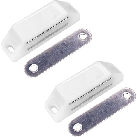 2x Loqueteau magnétique rectangulaire avec contre plaque acier Loquet Aimant Armoire Meuble Placard Frigo, blanc (1/2)