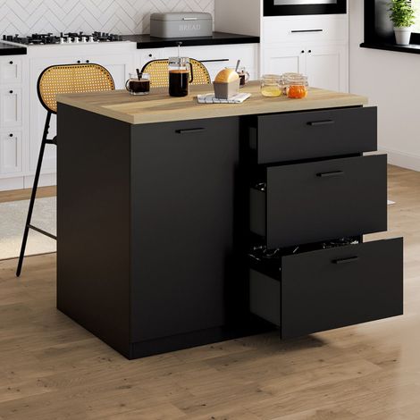 Isla central TIBO 110 cm con 3 cajones de madera negra y encimera efecto haya (1/5)