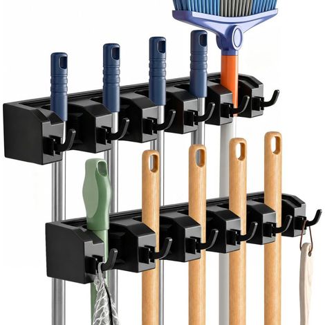 Wandmontierter Besenhalter mit 5 Halterungen und 6 Haken, 2er-Pack, Gartengerätehalter, aus dickem und robustem ABS-Kunststoff, Schraubklemmung (1/4)