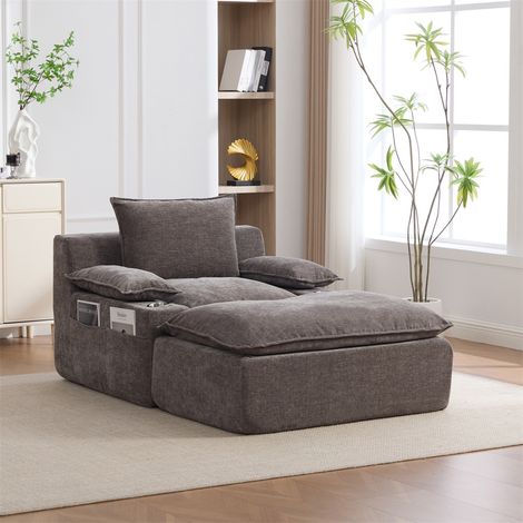 Fauteuil Relax avec Pouf - 113x93x81cm - Chaise Longue Sous Vide Sans Montage Chenille Porte Gobelet Rangement Salon - Gris (1/5)