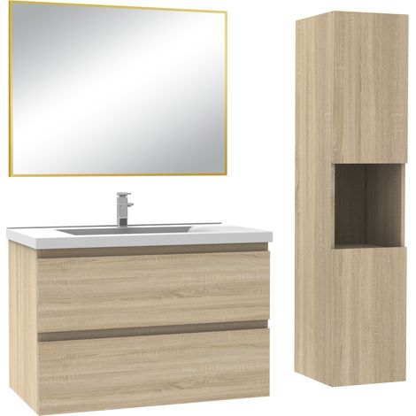 Acezanble – Ensemble de meubles de salle de bain 4 pièces – meuble sous vasque 80 cm avec 2 tiroirs – colonne 131 cm – miroir 80x60 cm en chêne wotan