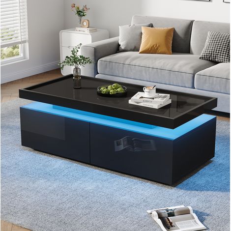Table basse en panneaux de particules noir brillant 95 x 45 x 35 cm avec LED, 2 tiroirs et niche ouverte (1/5)