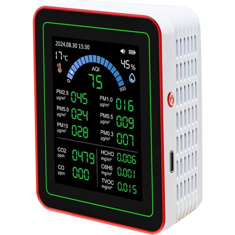 Testeur de qualité de l'air 18 en 1 pour la maison, moniteur de qualité de l'air intérieur, avec indice de qualité de l'air, CO2, HCHO, TVOC, PM5.0, PM0.3, PM1.0, PM2.5, PM10, etc., prend en charge le (1/5)