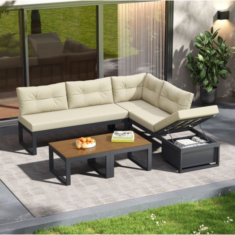 Mobilier d'extérieur pour terrasse en fer et polyester beige, modulaire avec dossier réglable 3 positions, rangement et table (1/5)