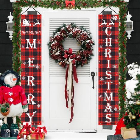 pancarta navideña, letrero a cuadros rojos, Feliz Navidad, decoración de pared para interiores y exteriores, puerta principal (1/5)