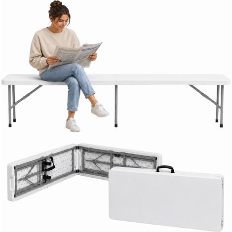Panca rettangolare in plastica pieghevole a valigia - mis. 180X29X43 cm - Struttura in resina resistente Bianca, ideale per giardino e campeggio - Portata 300 Kg (1/5)