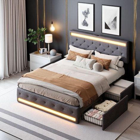 lit avec tiroir 140x200cm - Grand Format - Lin gris - LED réglable bleu/ambre - 4 tiroirs & USB Type-C