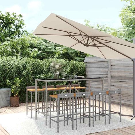 Ensemble Table de bar + 8 Chaises de bar de jardin - Table Haute avec 8 Tabourets gris poly rotin/bois massif acacia BV681505 - BonneVie (1/5)
