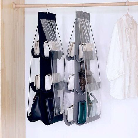 Organiseur de Sac à Main Suspendu, 2 pièces 6 Poches Anti-poussière, Sac de Rangement pour Armoire(Noir+Gris) (1/4)