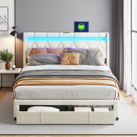 Lit 140x200 cm - tissu en lin - 4 tiroirs - LED ET USB - cadre de lit 140x200 cm - Beige (1/5)