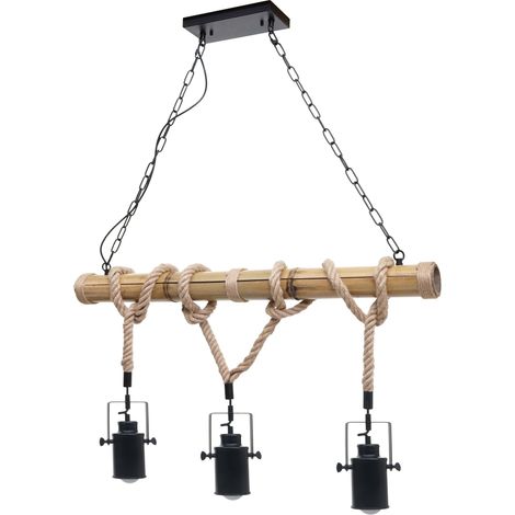 Pendelleuchte HHG-201, Hängelampe Hängeleuchte, Industrial Vintage Bambus Seil Metall schwarz 3x Sportlampenschirm (1/5)