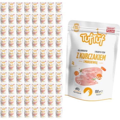 Comida húmeda para perros TufTuf sabor pollo y zanahoria, sobre de 80 x 100 g, carne en conserva. (1/2)