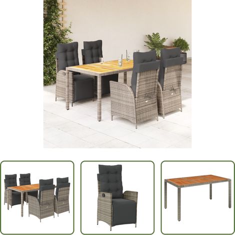 vidaXL Gartentisch - 5-tlg. Garten-Essgruppe mit Kissen Grau Poly Rattan (1/5)