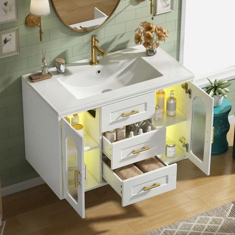 Ensembles meuble de salle de bains, meuble de salle de bain mural de 76 cm avec vasque, porte en verre, éclairage LED, blanc (1/5)