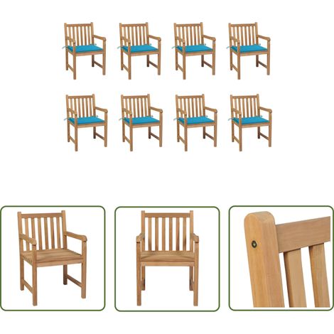 The Living Store Chaises de jardin lot de 8 avec coussins bleu Bois teck massif - Chaise De Jardin - Mobilier De Jardin - Set De Chaises - Terrasse - Jardin (1/5)