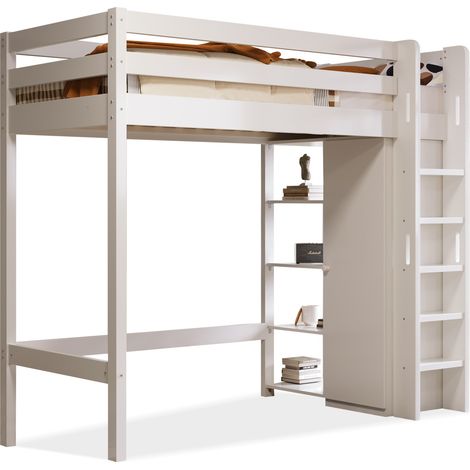 Lit mezzanine enfant 90x200 cm blanc avec armoire et 6 étagères, rangement réversible, structure en bois et panneaux de particules, certifié EN 747-1:2024  CHICFURN (1/5)