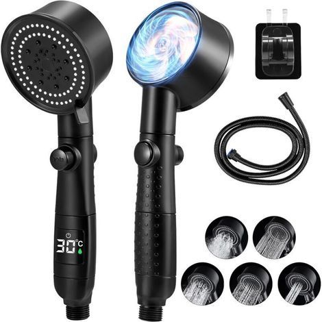 Hochdruck-Duschkopf mit 5 einstellbaren Strahlarten – LED-Temperaturanzeige – 1,5 m Edelstahl-Brauseschlauch – Antikalk-Funktion – Wassersparend