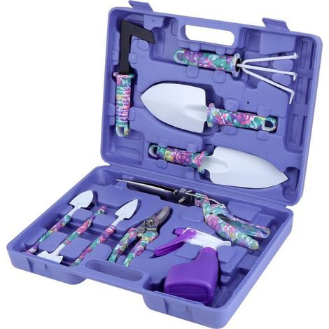 Outils de Jardinage avec 10 Pièces avec Ciseaux,Pelles,Râteaux et Pulvérisateur Poignée Ergonomique(Violet) (1/4)